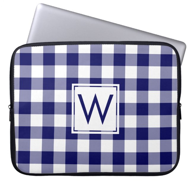 Klassisches Monogram Navy Blue Gingham Kariertes M Laptopschutzhülle (Vorderseite)