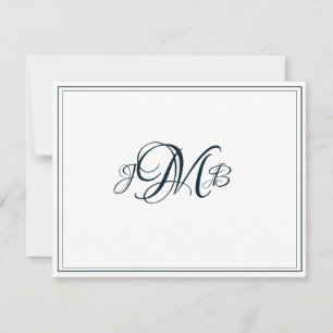 Klassisches Monogram Navy & White Blüh Script Dankeskarte
