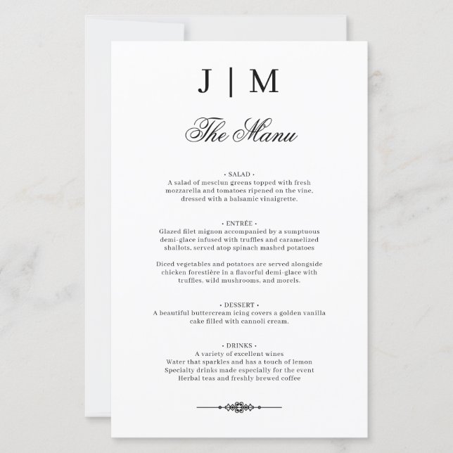 Klassisches Monogramm Elegantes Hochzeitsmenü (Vorderseite)