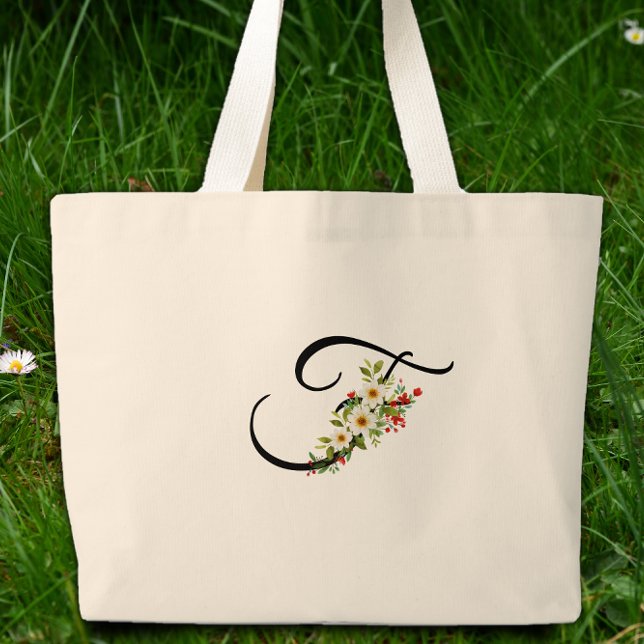 Klassisches Monogramm F rote weiße Blume Mutter Ge Jumbo Stoffbeutel (Von Creator hochgeladen)