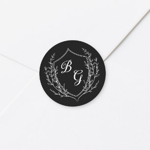 Klassisches Monogramm-Hochzeitswappen schwarz und Runder Aufkleber