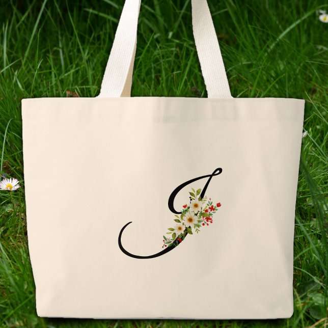 Klassisches Monogramm J rot weiße Blume Mutter Ges Jumbo Stoffbeutel (Von Creator hochgeladen)