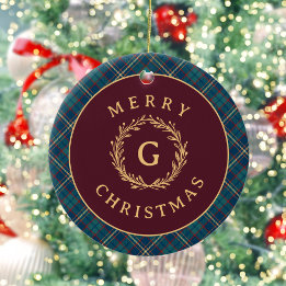 Klassisches Monogramm Karo Burgunder Weihnachtsfot Keramik Ornament