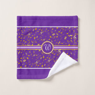 Klassisches Monogramm mit Gold-Musiknoten auf LILA Badhandtuch Set