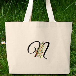 Klassisches Monogramm N rot weiß Blumen Geschenk f Jumbo Stoffbeutel