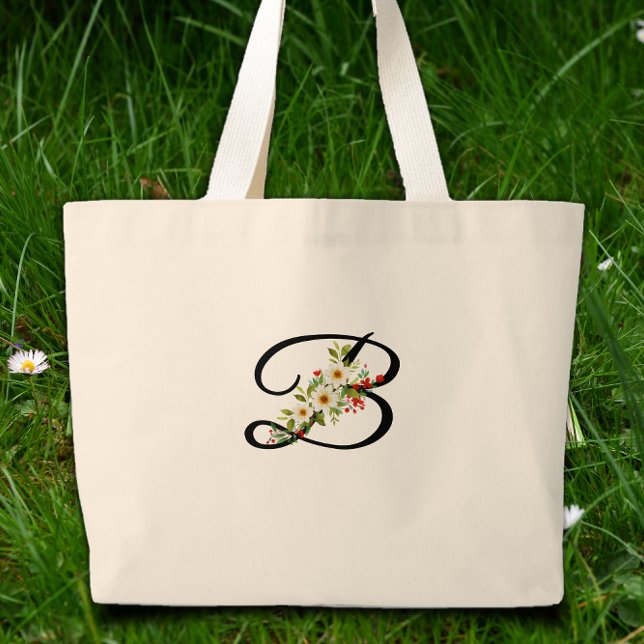 Klassisches Monogramm rote weiße Blume Mutter Gesc Jumbo Stoffbeutel (Von Creator hochgeladen)