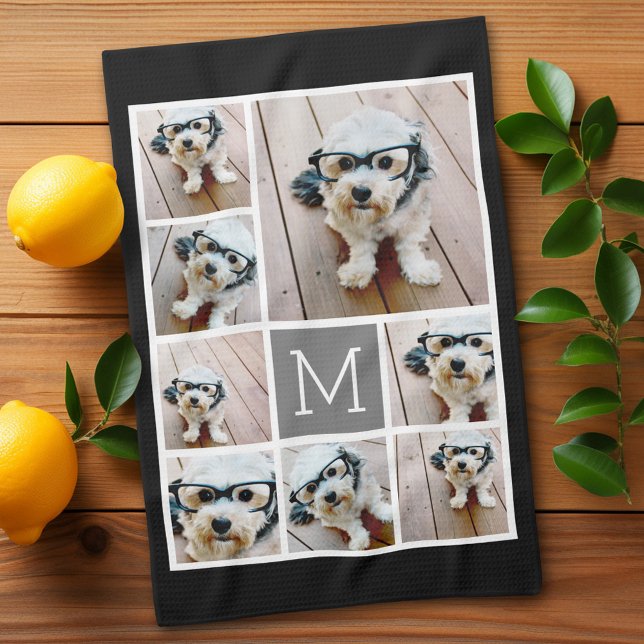 Klassisches Monogramm Schwarz/Grau 8 FotoCollage Geschirrtuch (Personalized kitchen towel with 8 photos)