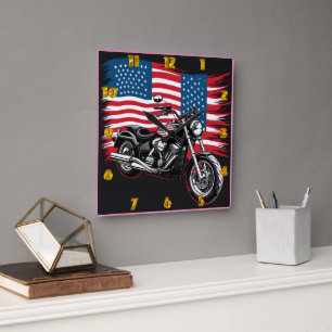 Klassisches Motorrad mit amerikanischer Flagge Quadratische Wanduhr