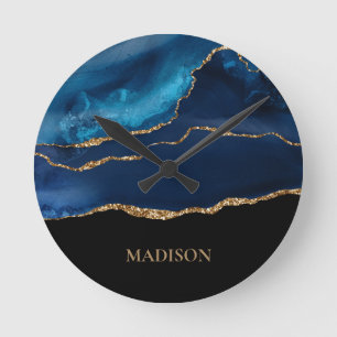Klassisches Navy Blau Gold Glitter Schwarz Vorname Runde Wanduhr