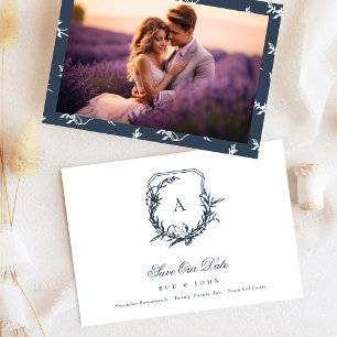 Klassisches Navy-Blau-Monogramm-Wappen-Foto Save The Date