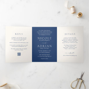 Klassisches Navy Blau QR Code Elegante Hochzeit Dreifach Gefaltete Einladung