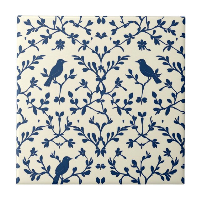 Klassisches Navy Blaues Vogel-Damaskus-Toile-Silho Fliese (Vorderseite)