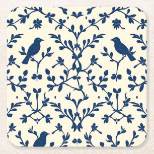 Klassisches Navy Blaues Vogel-Damaskus-Toile-Silho Rechteckiger Pappuntersetzer