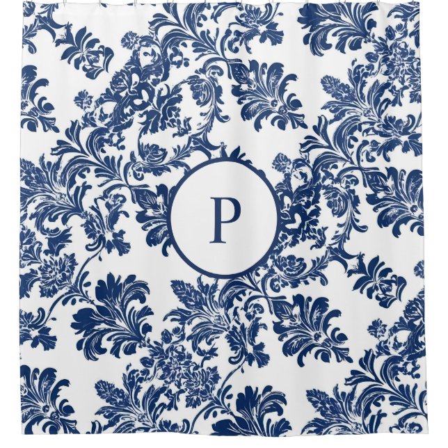 Klassisches Navy Blue Damask Muster Duschvorhang (Vorderseite)