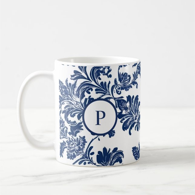 Klassisches Navy Blue Damask Muster Kaffeetasse (Links)