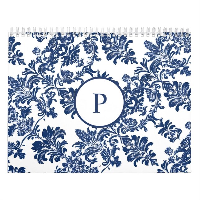 Klassisches Navy Blue Damask Muster Kalender (Titelbild)