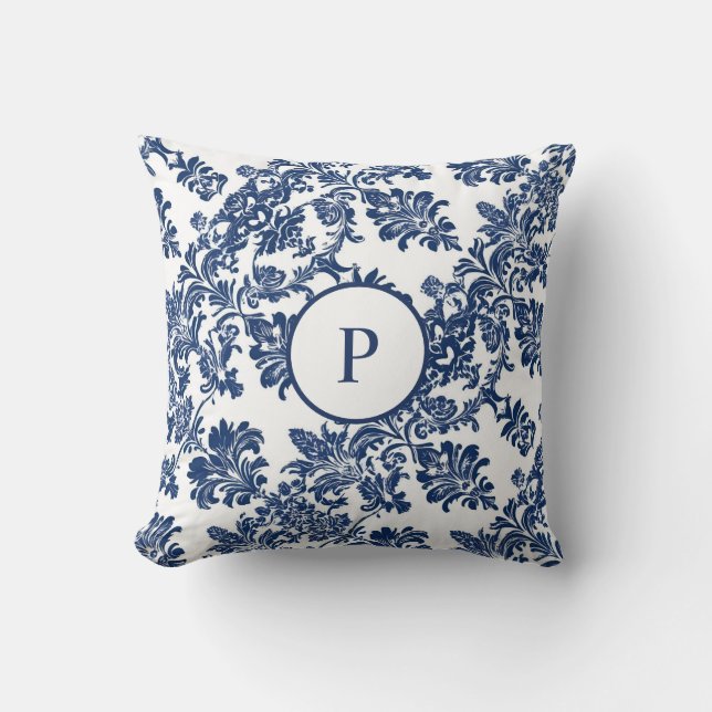 Klassisches Navy Blue Damask Muster Kissen (Vorderseite)