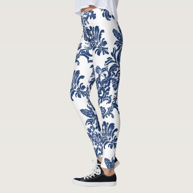 Klassisches Navy Blue Damask Muster Leggings (Links)