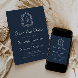 Klassisches Navy Blue Monogram Wappen Script Save The Date