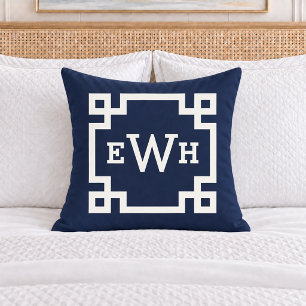 Klassisches Navy-Griechisches-Schlüssel-Monogramm Kissen