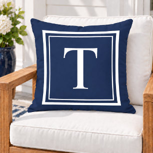 Klassisches Navy-Weiß-Quadratrahmen-Monogramm Kissen