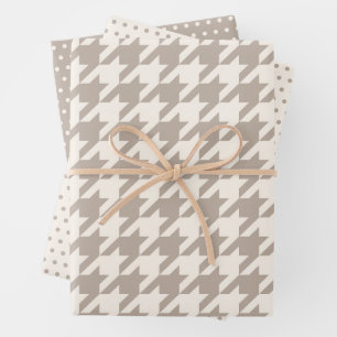 Klassisches neutrales Elfenbein-Taupe-Hahnentritt- Geschenkpapier Set