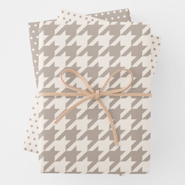 Klassisches neutrales Ivory Taupe Hahnentrittmuste Geschenkpapier Set (Beispiel)
