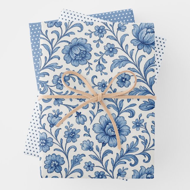 Klassisches niederländisches Delfts Blue Floral Ar Geschenkpapier Set (Beispiel)