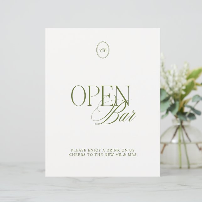 Klassisches Oliven Grün Open Bar Hochzeitsschild (Stehend Vorderseite)