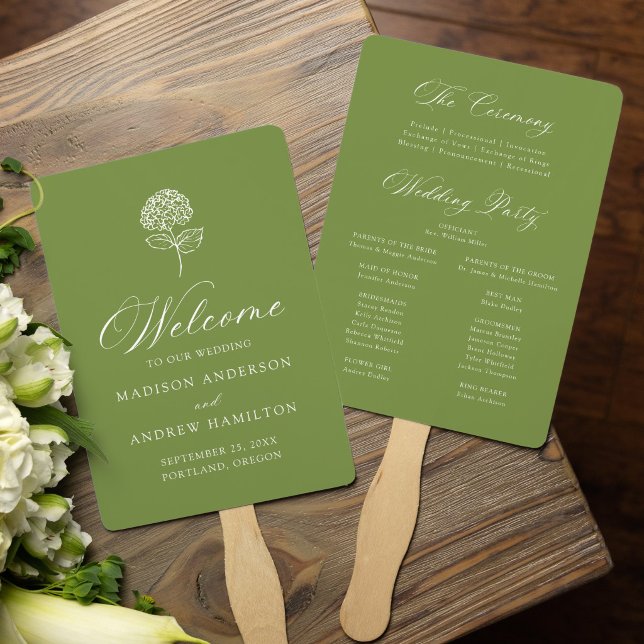 Klassisches Oliven-grünes Hydrangea-Hochzeitsprogr Fächer (Von Creator hochgeladen)
