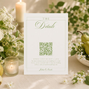Klassisches Olivgrün Elfenbein Kalligrafie QR Deta Begleitkarte