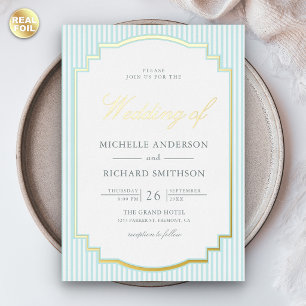 Klassisches Pastellblau gestreiftes Foto Hochzeit Folieneinladung