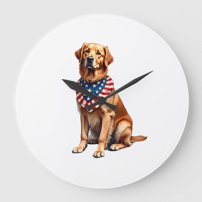 Klassisches patriotisches Golden Retriever Vintage Große Wanduhr (Vorderseite)