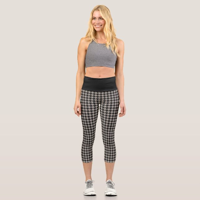 Klassisches Pepita Hahnentrittmuster Muster Schwar Capri Leggings (Vorderseite)