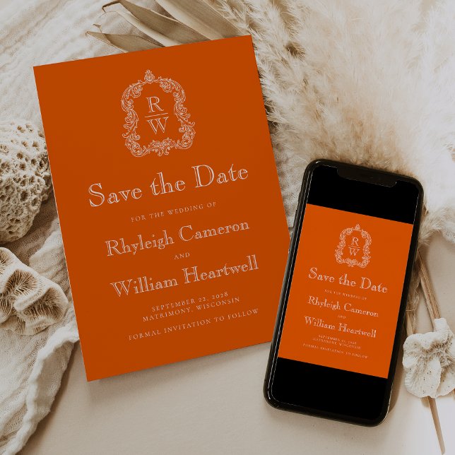 Klassisches Persimmon Orange Monogramm Wappen Save The Date (Von Creator hochgeladen)