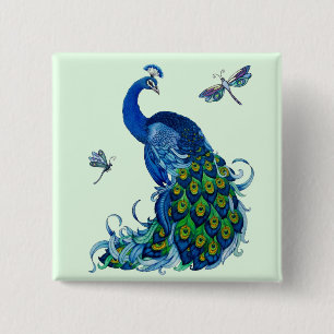 Klassisches Pfau- und Dragonfly-Design Button