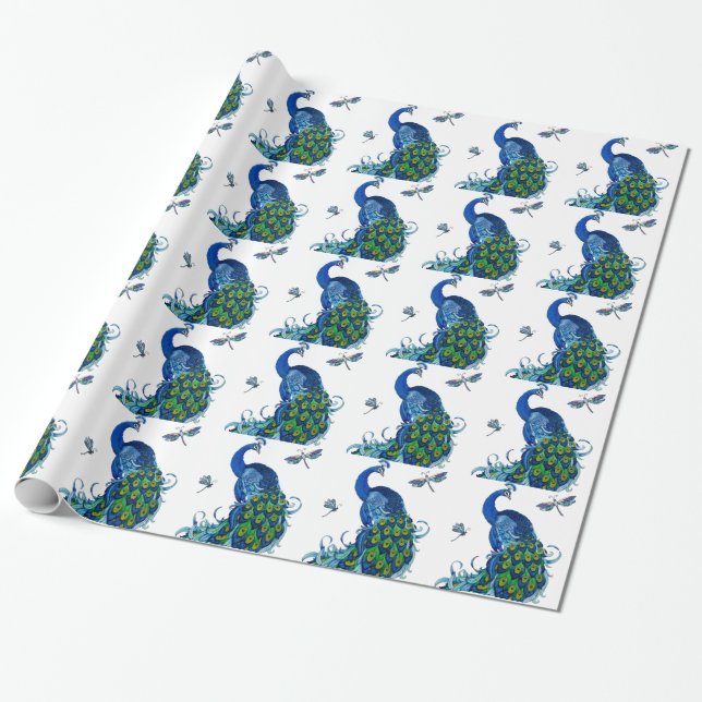 Klassisches Pfau- und Dragonfly-Design Geschenkpapier (Ungerollt)