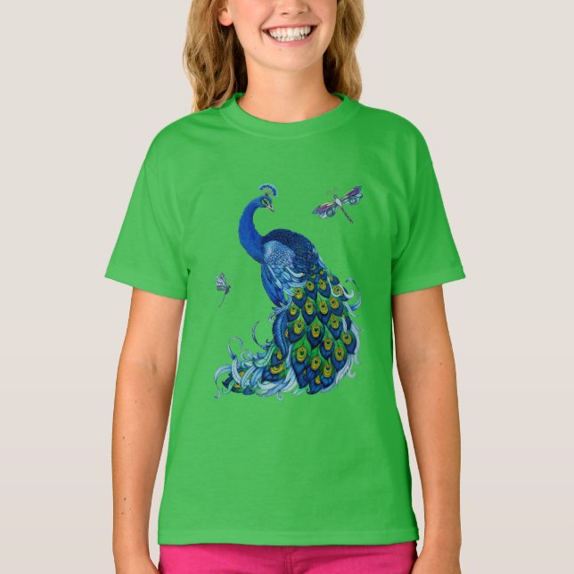 Klassisches Pfau- und Dragonfly-Design T-Shirt (Vorderseite)