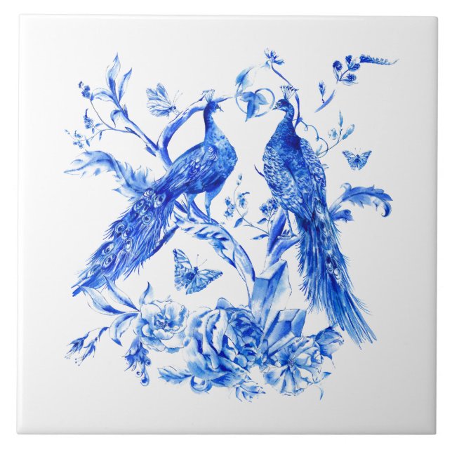 Klassisches Porzellan Blue Peacocks weißer Hinterg Fliese (Vorderseite)