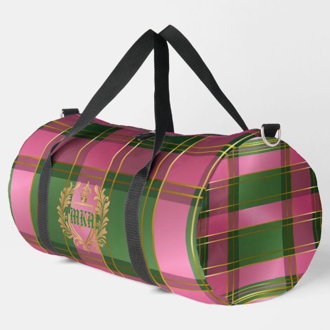 Klassisches Preppy-Karo Rosa Grün Monogrammiert Duffle Bag (Linke Ecke)