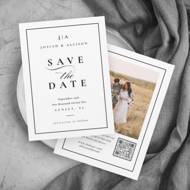 Klassisches QR-Foto Save The Date (Elegant Black and White Wedding Monogram Photo Save the Date with QR Code.)