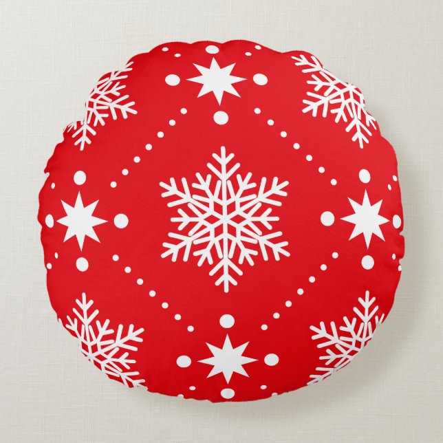 Klassisches Red White Snowflakes Weihnachtsmuster Rundes Kissen (Vorderseite)