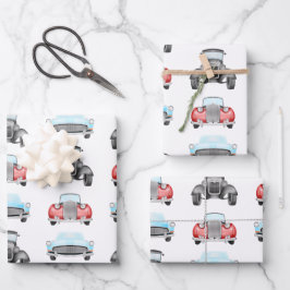 Klassisches Retro Cars Vintages Aquarellmuster Geschenkpapier Set