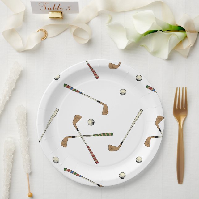 Klassisches Retro Golf Golfer Clubs Balls Muster Pappteller (Hochzeit)