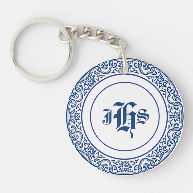 Klassisches Retro Personalisiertes Monogramm blaue Schlüsselanhänger (Vorderseite)