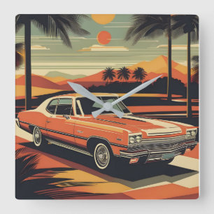 Klassisches Retro-Vintage-Autoplakat Quadratische Wanduhr