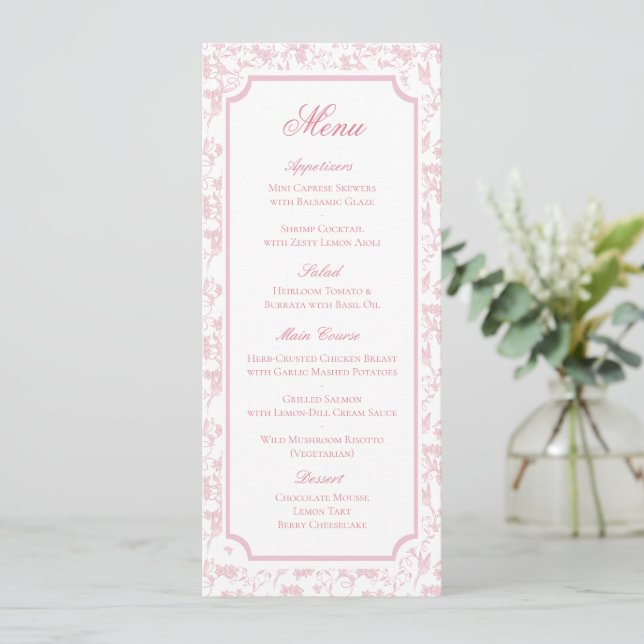 Klassisches rosa Blumen-Toile-Hochzeitsmenü Save The Date (Stehend Vorderseite)