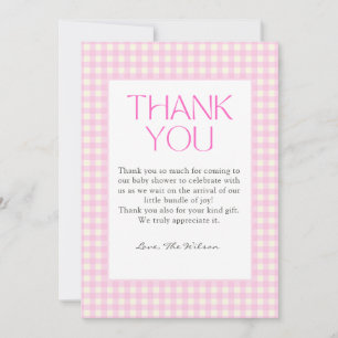 Klassisches rosa Gingham-Mädchen-Baby-Shower Dankeskarte