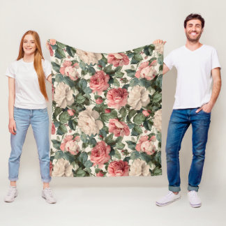 Klassisches rosa Rosen-Creme-Blumenmuster Fleecedecke