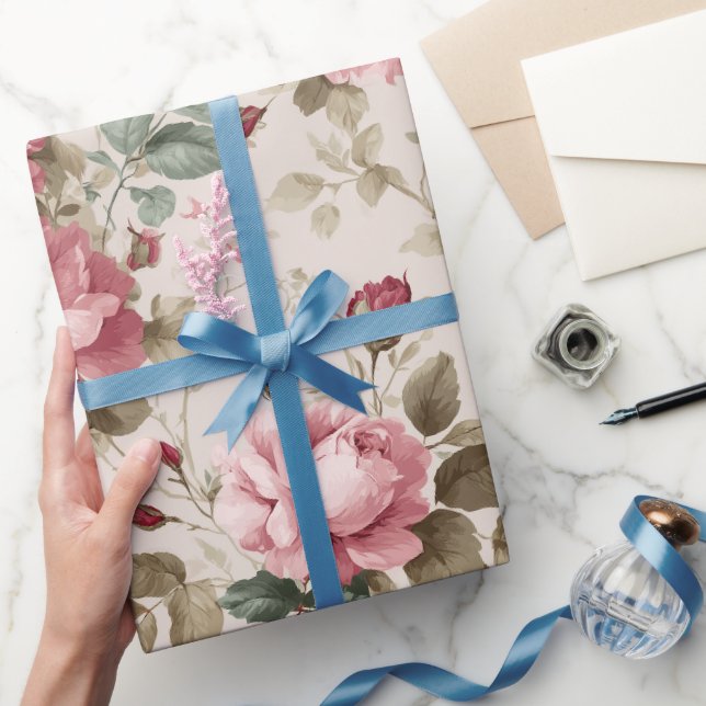 Klassisches rosa Rosen-Creme-Blumenmuster Geschenkpapier (Schenken)